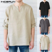 Load image into Gallery viewer, INCERUN Men Long Sleeve Shirts Dress 100%Cotton V Neck Shirts Solid Loose Casual Shirts Hombre Camisa Masculino Tops